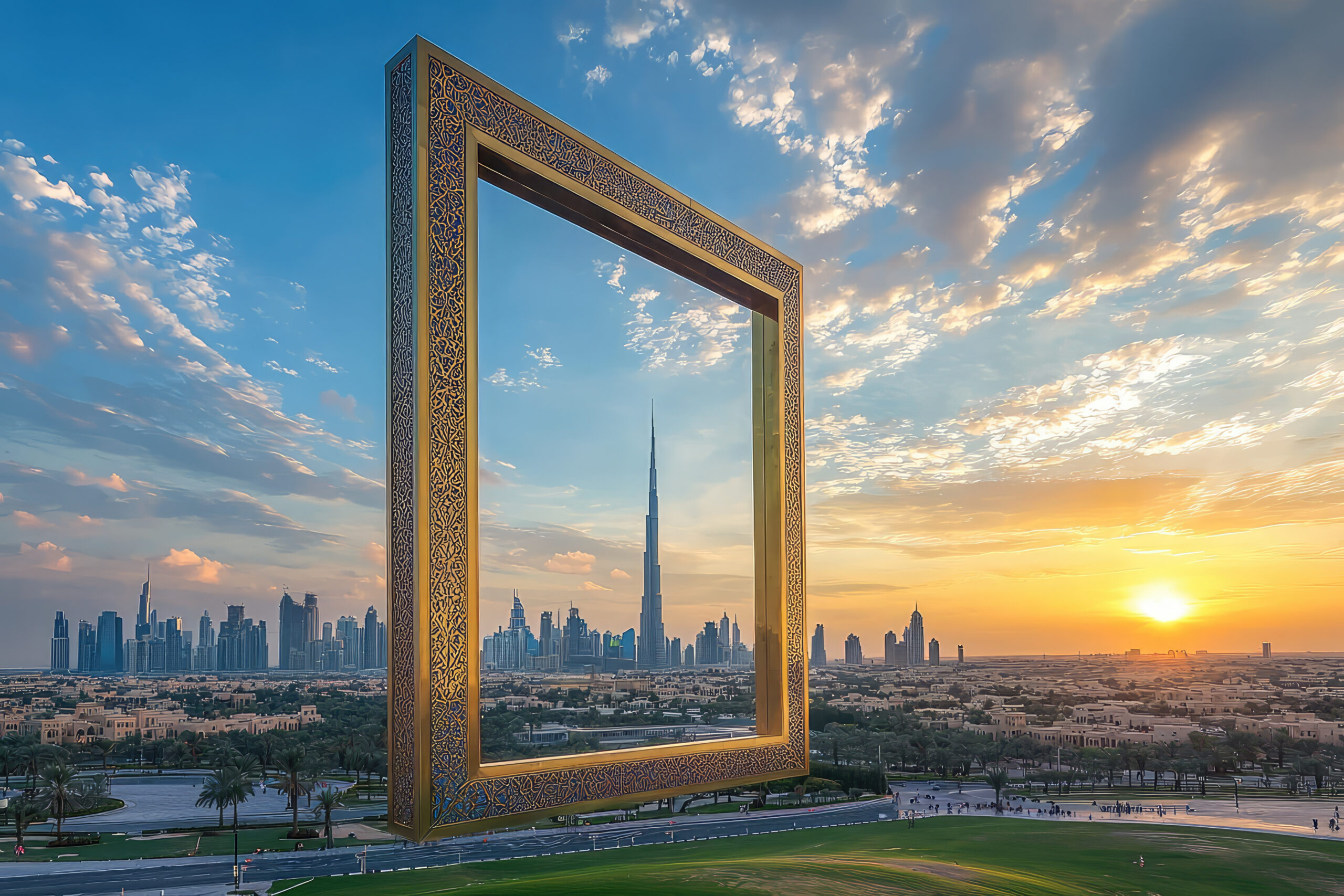 Dubai Frame stands majestically against stunning sunset, showcasing citys skyline and iconic Burj Khalifa. This high quality image captures beauty and grandeur of Dubai